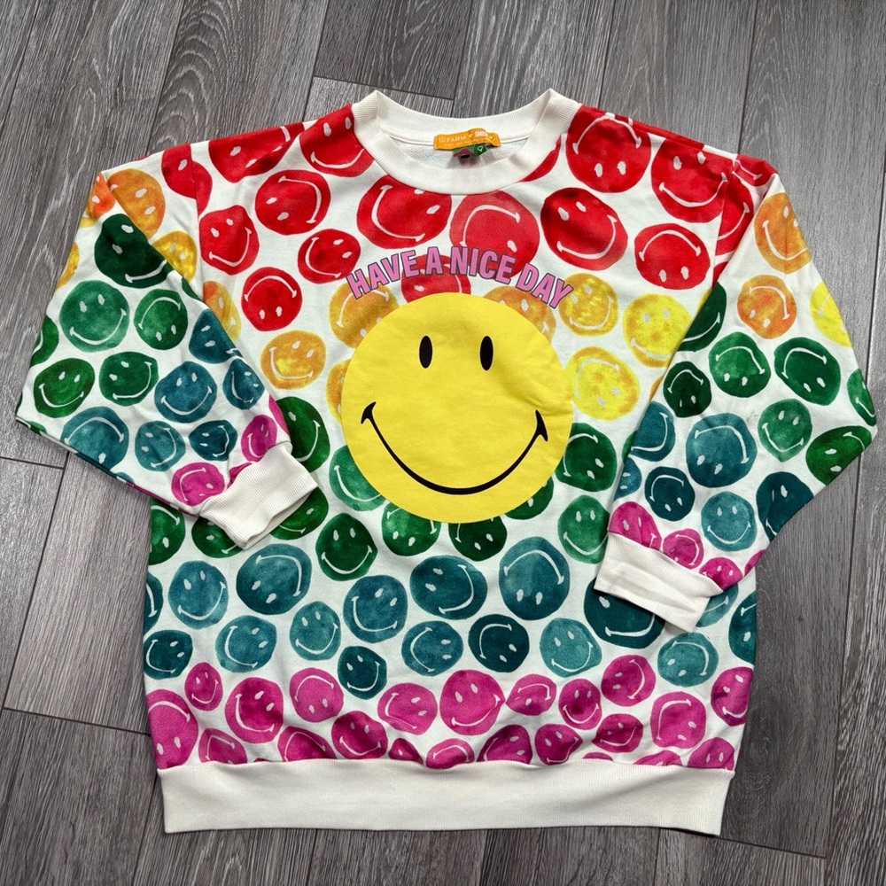 Farm Rio X The Smiley Company Oversized Rainbow Sweatshirt M Shirt Top $198